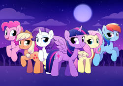 Size: 4000x2800 | Tagged: safe, artist:moozua, applejack, fluttershy, pinkie pie, rainbow dash, rarity, twilight sparkle, alicorn, earth pony, pegasus, pony, unicorn, g4, full moon, group, high res, looking at you, mane six, moon, night, princewhateverer, sextet, smiling, spread wings, twilight sparkle (alicorn), wings