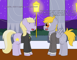Size: 500x391 | Tagged: safe, artist:shining-bonds, crackle pop, dinky hooves, pegasus, pony, unicorn, g4, brother and sister, colt, dialogue, female, filly, formal, male, shining bonds