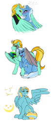 Size: 1714x4096 | Tagged: safe, artist:percy-mcmurphy, lightning dust, trixie, oc, oc:light show, pegasus, pony, unicorn, g4, amputee, augmented, bedroom eyes, clothes, female, helmet, hug, lesbian, magical lesbian spawn, mare, offspring, one eye closed, parent:lightning dust, parent:trixie, parents:trixiedust, prosthetic limb, prosthetic wing, prosthetics, scar, shipping, simple background, trixiedust, uniform, washouts uniform, white background, wing hands, winghug, wink
