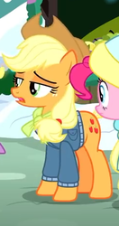 Size: 242x458 | Tagged: safe, screencap, applejack, pinkie pie, earth pony, pony, best gift ever, g4, applejack's hat, clothes, cowboy hat, cropped, cutie mark, female, hat, mare, solo focus, winter outfit