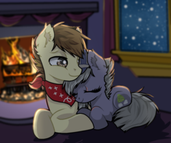 Size: 1024x855 | Tagged: safe, artist:victoriathething, limestone pie, steamer, earth pony, pony, g4, crack shipping, cuddling, female, fireplace, male, mare, shipping, stallion, steamstone, straight, window