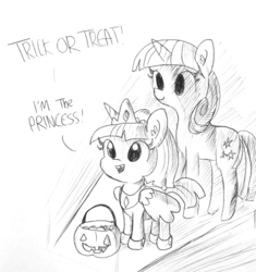Size: 1280x1363 | Tagged: safe, artist:tjpones, twilight sparkle, twilight velvet, pony, unicorn, g4, alicorn costume, clothes, costume, cute, daaaaaaaaaaaw, fake wings, female, filly, gap teeth, halloween, holiday, hoof shoes, horn, inktober, lineart, mare, mother and daughter, nightmare night, pumpkin bucket, speech, tooth gap, trick or treat, twiabetes, wings