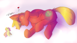 Size: 2560x1440 | Tagged: safe, artist:fuzzypones, big macintosh, fluttershy, earth pony, pony, g4, crush plush, ear fluff, floating heart, giggling, heart, implied fluttermac, implied shipping, implied straight, male, missing accessory, on side, plushie, solo