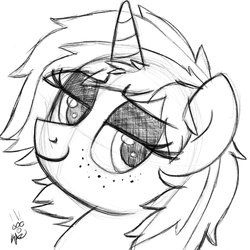 Size: 1024x1024 | Tagged: safe, artist:kazzysart, oc, oc only, oc:sign, pony, unicorn, bust, female, freckles, grayscale, lidded eyes, mare, monochrome, solo