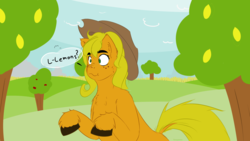 Size: 2560x1440 | Tagged: safe, artist:fuzzypones, applejack, earth pony, pony, g4, confused, dishonorapple, female, food, lemon, lemon tree, solo, speech bubble, tree, unshorn fetlocks