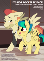 Size: 1280x1786 | Tagged: safe, artist:amaichix, oc, oc:apogee, oc:jet stream, pegasus, pony, comic:it's not rocket science, blushing, clothes, comic, comic cover, cover, daughter, eye contact, fanfic art, father, father and daughter, female, hug, looking at each other, male, mare, mystery stain, necktie, outdoors, parent and child, patreon, rocket science, small wings, smaller female, smiling, stallion, walking, wings