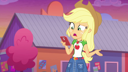 Size: 1920x1080 | Tagged: safe, screencap, applejack, equestria girls, equestria girls series, g4, rollercoaster of friendship, applejack's shirt with a collar, belt, cellphone, clothes, collar, collar shirt, confused, cowboy hat, denim, denim skirt, female, freckles, geode of super strength, hair, hat, holding, phone, ponytail, shirt, shirt with a collar, skirt, smartphone, solo, t-shirt, talking, teenager