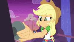 Size: 1920x1080 | Tagged: safe, screencap, applejack, sci-twi, twilight sparkle, equestria girls, equestria girls series, g4, my little pony equestria girls: rollercoaster of friendship, applejack's shirt with a collar, clothes, collar, collar shirt, confused, cowboy hat, doorknob, female, freckles, geode of super strength, hair, hat, phone, ponytail, shirt, shirt with a collar, solo, t-shirt, teenager, waterfall