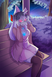 Size: 3145x4658 | Tagged: safe, artist:hakkids2, oc, oc only, unicorn, anthro, anthro oc, bench, bow, clothes, dress, female, glasses, glowing eyes, hair bow, jacket, mare, open mouth, park, sitting, socks, solo, stockings, thigh highs, tree, ych result