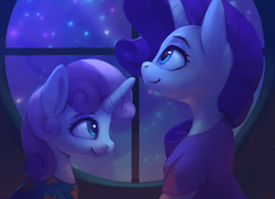 Size: 900x653 | Tagged: safe, artist:rodrigues404, rarity, sweetie belle, pony, unicorn, g4, clothes, female, filly, looking up, mare, night, sisters, sky, stars, window