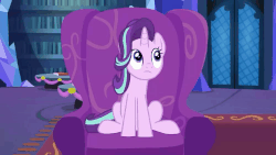 Size: 1000x562 | Tagged: safe, screencap, starlight glimmer, pony, unicorn, a hearth's warming tail, g4, season 6, animated, blinking, chair, curious, cute, female, gif, glimmerbetes, mare, open mouth, raised hoof, sitting, solo