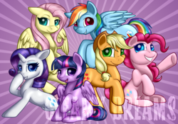 Size: 1610x1130 | Tagged: safe, artist:gleamydreams, applejack, fluttershy, pinkie pie, rainbow dash, rarity, twilight sparkle, alicorn, pony, g4, mane six, obtrusive watermark, twilight sparkle (alicorn), watermark