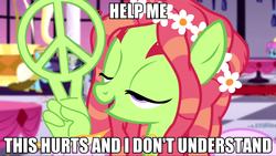 Size: 1920x1080 | Tagged: safe, artist:dwk, edit, edited screencap, screencap, carlotta, tree hugger, pony, totally legit recap, g4, make new friends but keep discord, hurr durr, image macro, lidded eyes, meme, peace sign, solo focus, suddenly hands, text, unnamed character, unnamed pony, wat