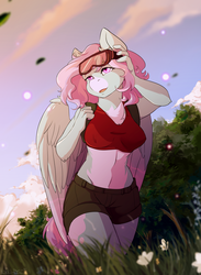 Size: 2200x3000 | Tagged: safe, artist:hakkids2, oc, oc only, oc:sugar star, pegasus, anthro, anthro oc, belly button, clothes, cloud, female, grass, high res, midriff, open mouth, pale belly, shirt, shorts, sky, solo, sports bra, tree, ych result