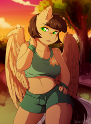 Size: 2200x3000 | Tagged: safe, artist:hakkids2, oc, oc only, oc:pepper spice, pegasus, anthro, anthro oc, belly button, breasts, clothes, cutie mark, ear fluff, exercise, female, freckles, green eyes, hand on hip, high res, mare, midriff, princess celestia's cutie mark, shorts, solo, sports bra, sports shorts, sunset, tank top, thighs, tree, wristband, ych result