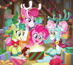 Size: 1549x1374 | Tagged: safe, artist:tony fleecs, alice the reindeer, aurora the reindeer, bori the reindeer, pinkie pie, deer, earth pony, pony, reindeer, g4, my little pony best gift ever, a present for everypony, cloven hooves, doe, female, group, grove of the gift givers, mare, present, quartet, the gift givers, the gift givers of the grove