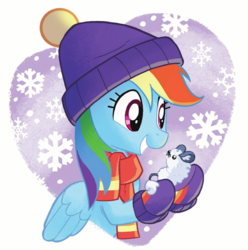 Size: 1364x1373 | Tagged: safe, artist:tonyfleecs, rainbow dash, pegasus, pony, winterchilla, g4, my little pony best gift ever, a present for everypony, clothes, cute, dashabetes, female, hat, heart, heart background, mare, scarf, simple background, smiling, white background, winter outfit