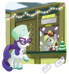 Size: 1257x1360 | Tagged: safe, artist:tonyfleecs, derpy hooves, rarity, pony, unicorn, g4, my little pony best gift ever, a present for everypony, clothes, derpy the mailmare, duo, female, glasses, hat, mailmare, mailmare hat, mare, raised hoof, uniform, winter outfit