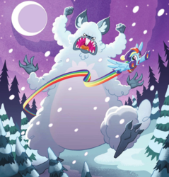 Size: 1418x1484 | Tagged: safe, artist:tony fleecs, rainbow dash, pegasus, pony, winterchilla, winterzilla, g4, my little pony best gift ever, a present for everypony, clothes, female, mare, monster, moon, pine tree, rainbow trail, snow, speed trail, tree, winter outfit