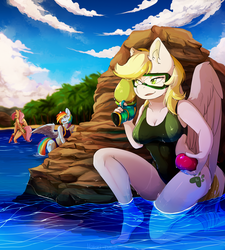 Size: 2791x3100 | Tagged: safe, artist:hakkids2, fluttershy, rainbow dash, oc, oc:dandelion blossom, pegasus, anthro, g4, anthro oc, beach, belly button, bikini, breasts, clothes, cloud, female, goggles, high res, midriff, one-piece swimsuit, open mouth, sand, sky, swim mask, swimsuit, tree, water, water balloon, watergun, ych result