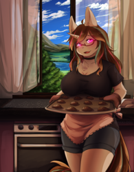 Size: 2457x3145 | Tagged: safe, artist:hakkids2, oc, oc only, anthro, big breasts, breasts, clothes, cookie, female, food, glasses, glowing eyes, high res, kitchen, large order of milk, mountain, open mouth, scenery, shorts, solo, stove, tray, tree, window