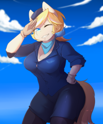 Size: 2900x3500 | Tagged: safe, artist:hakkids2, oc, oc only, oc:rafale, anthro, anthro oc, clothes, cloud, female, gloves, hat, high res, one eye closed, salute, sky, solo, stewardess, wink