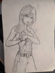 Size: 864x1152 | Tagged: safe, artist:sunset tide, sunset shimmer, equestria girls, g4, armpits, belt, clothes, elf ears, female, looking at you, pencil drawing, sketch, solo, traditional art, unicorns as elves, wristband