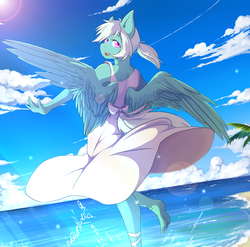 Size: 3500x3455 | Tagged: safe, artist:hakkids2, fleetfoot, pegasus, anthro, plantigrade anthro, g4, barefoot, beach, clothes, cloud, dress, ear fluff, feet, female, high res, looking at you, looking back, mare, ocean, open mouth, sky, smiling, solo, spinning, spread wings, sundress, water, wing fluff, wings