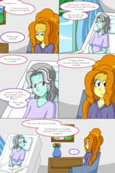 Size: 1050x1575 | Tagged: safe, artist:jake heritagu, adagio dazzle, oc, oc:misty breeze, comic:aria's archives, comic:nursing home, equestria girls, g4, bust, chair, clothes, comic, curtains, dialogue, female, flower, mother and daughter, offspring, older, parent:adagio dazzle, portrait, speech bubble, vase, window