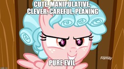 Size: 888x499 | Tagged: safe, edit, edited screencap, screencap, cozy glow, pegasus, pony, g4, marks for effort, season 8, caption, cozy glow's true goal, cutie mark eyes, discovery family, discovery family logo, element of magic, eye reflection, female, filly, foal, grin, image macro, imgflip, logo, misspelling, op was right, pure concentrated unfiltered evil of the utmost potency, reflection, smiling, solo, text, wingding eyes, wings