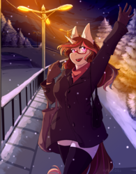 Size: 2457x3145 | Tagged: safe, artist:hakkids2, oc, oc only, anthro, anthro oc, bag, clothes, female, glasses, high res, light, looking at you, open mouth, snow, solo, tree