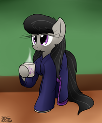 Size: 1189x1427 | Tagged: safe, artist:the-furry-railfan, octavia melody, earth pony, pony, g4, bed hair, clothes, coffee mug, female, food, messy mane, morning ponies, mug, pun, robe, socks, solo, striped socks, tea, treble clef