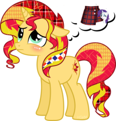 Size: 2758x2900 | Tagged: safe, artist:hisakimi, rarity, sunset shimmer, pony, unicorn, equestria girls, g4, blushing, floppy ears, high res, mane, newspaper, plaid, simple background, tail, thought bubble, transparent background, unmoving plaid
