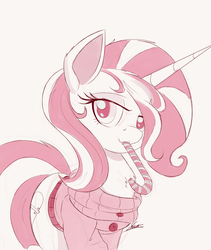 Size: 1000x1187 | Tagged: safe, artist:raps, oc, oc only, oc:candy cane, pony, unicorn, candy, clothes, commission, female, food, solo