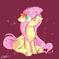 Size: 1000x1000 | Tagged: safe, artist:yellowalpaca0726, fluttershy, pony, g4, blushing, colored pupils, cute, eye clipping through hair, female, floppy ears, flower, flower in hair, hair over one eye, mare, missing cutie mark, red background, shyabetes, simple background, sitting, smiling, solo, stars, three quarter view, wingless
