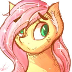 Size: 1000x1000 | Tagged: safe, artist:yellowalpaca0726, fluttershy, pony, g4, blushing, bust, ear fluff, ethereal mane, female, hair over one eye, looking sideways, mare, portrait, simple background, smiling, solo, sparkles, starry mane, three quarter view, white background