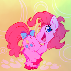 Size: 2026x2026 | Tagged: safe, artist:bookshelph, pinkie pie, earth pony, pony, g4, abstract background, bow, cloven hooves, cutie mark, female, happy, high res, looking at you, mare, open mouth, running, sidemouth, solo, tail bow