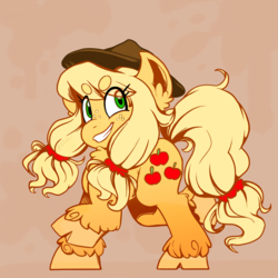 Size: 2026x2026 | Tagged: safe, artist:binky-b, artist:bookshelph, applejack, earth pony, pony, abstract background, alternate hairstyle, applejack's hat, beanbrows, chest fluff, cloven hooves, cowboy hat, cute, cutie mark, ear fluff, eye clipping through hair, eyebrows, eyebrows visible through hair, female, freckles, grin, hat, jackabetes, looking at you, mare, pigtails, raised hoof, sidemouth, simple background, smiling, solo, twintails, unshorn fetlocks