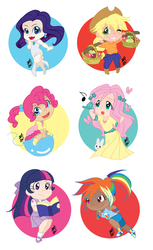 Size: 800x1310 | Tagged: safe, artist:yesi-chan, applejack, fluttershy, pinkie pie, rainbow dash, rarity, twilight sparkle, bird, human, rabbit, g4, animal, apple, balloon, balloon riding, book, chibi, food, humanized, mane six, singing