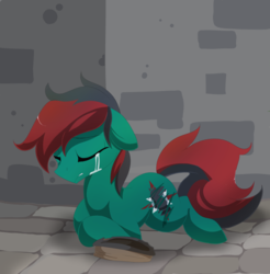 Size: 1024x1040 | Tagged: safe, artist:xsidera, oc, oc only, oc:forest farseer, earth pony, pony, crying, cutiemarking, dark, eyes closed, floppy ears, frown, gritted teeth, homeless, male, prone, sad, solo, stallion