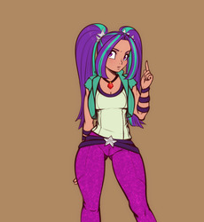 Size: 1102x1200 | Tagged: safe, artist:scorpdk, aria blaze, human, equestria girls, g4, ariabetes, breasts, brown background, cleavage, clothes, cute, eye clipping through hair, eyebrows, eyebrows visible through hair, female, gem, human coloration, humanized, jewelry, looking at you, necklace, pants, pigtails, simple background, siren gem, solo, thighs, thunder thighs, underass, wristband