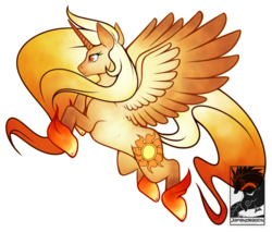 Size: 1200x1023 | Tagged: safe, artist:chubby-kirin, daybreaker, alicorn, pony, g4, alternate design, commission, cutie mark, female, flying, mare, simple background, solo, spread wings, transparent background, unshorn fetlocks, wings
