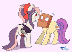 Size: 3067x2218 | Tagged: safe, artist:xwhitedreamsx, oc, oc only, oc:paper bag, oc:sweet velvet, bat pony, pony, blushing, female, grin, high res, looking at each other, mare, nervous, paper bag, purple background, simple background, smiling, sweat, sweatdrops