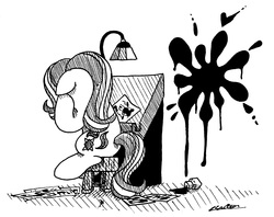 Size: 2032x1609 | Tagged: safe, artist:bobthedalek, starlight glimmer, pony, g4, black and white, desk, female, grayscale, ink, ink drawing, inktober, inktober 2018, inkwell, mare, monochrome, simple background, splatter, stool, stressed, traditional art, white background