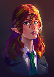 Size: 1024x1448 | Tagged: dead source, safe, artist:sunset tide, sunset shimmer, human, g4, clothes, elf ears, female, humanized, necktie, simple background, solo, suit, unicorns as elves