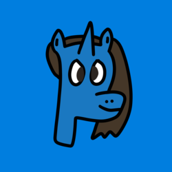 Size: 2048x2048 | Tagged: safe, artist:erice549, oc, oc only, oc:cobalt opus, pony, unicorn, artist unverified, blue background, blue coat, brown eyes, brown mane, flat colors, head, high res, horn, simple background, solo, unicorn oc