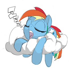 Size: 1000x1000 | Tagged: safe, artist:baigak, rainbow dash, pegasus, pony, g4, cloud, eyes closed, female, mare, on a cloud, open mouth, simple background, sleeping, snoring, solo, white background, zzz