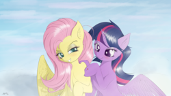 Size: 8000x4500 | Tagged: safe, artist:maneingreen, fluttershy, twilight sparkle, alicorn, pegasus, pony, :3, abstract background, absurd resolution, bedroom eyes, cheek fluff, chest fluff, cloud, date, ear fluff, eyeshadow, female, fluffy, grin, heart, lesbian, lidded eyes, makeup, mare, poking, raised eyebrow, raised hoof, shipping, sitting, sky, smiling, spread wings, twilight sparkle (alicorn), twishy, wing fluff, wings