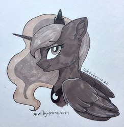 Size: 1242x1280 | Tagged: dead source, safe, artist:airfly-pony, princess luna, alicorn, pony, rcf community, g4, bust, crown, ear fluff, female, inktober, inktober 2018, jewelry, mare, marker drawing, portrait, profile, regalia, solo, traditional art