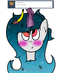 Size: 2000x2376 | Tagged: safe, artist:steamyart, oc, oc only, oc:phenioxflame, pony, ask, banana, blushing, food, high res, messy mane, simple background, solo, transparent background, tumblr